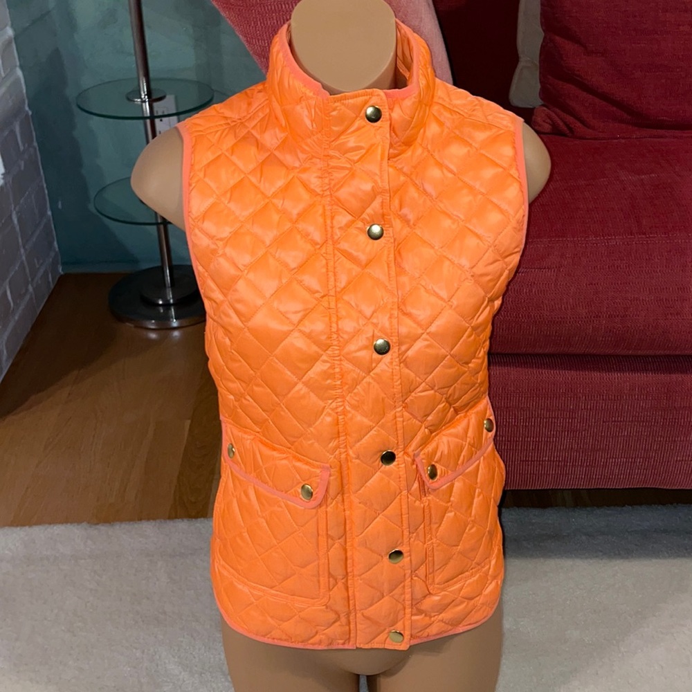 J. Crew Black Label Glossy Orange Quilted Field Puffer Full Zippered Vest